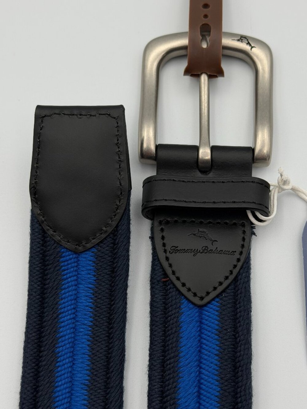 Tommy Bahama Men's Two-Tone Herringbone Stretch Belt Navy M (34-36) Leather Trim